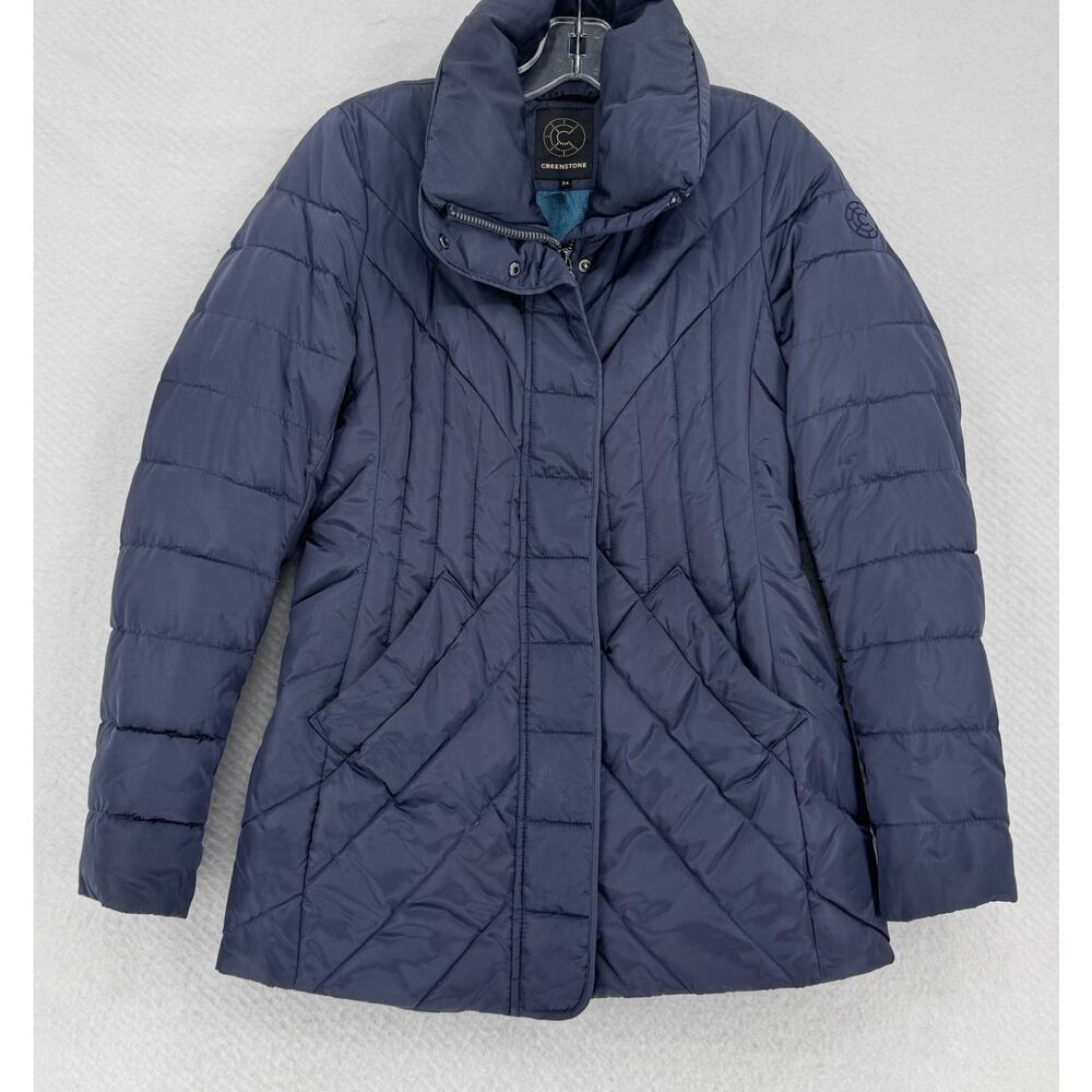 Creenstone Womens Navy Blue Quilted Full Zip Long Sleeve Puffer Jacket Sz 34